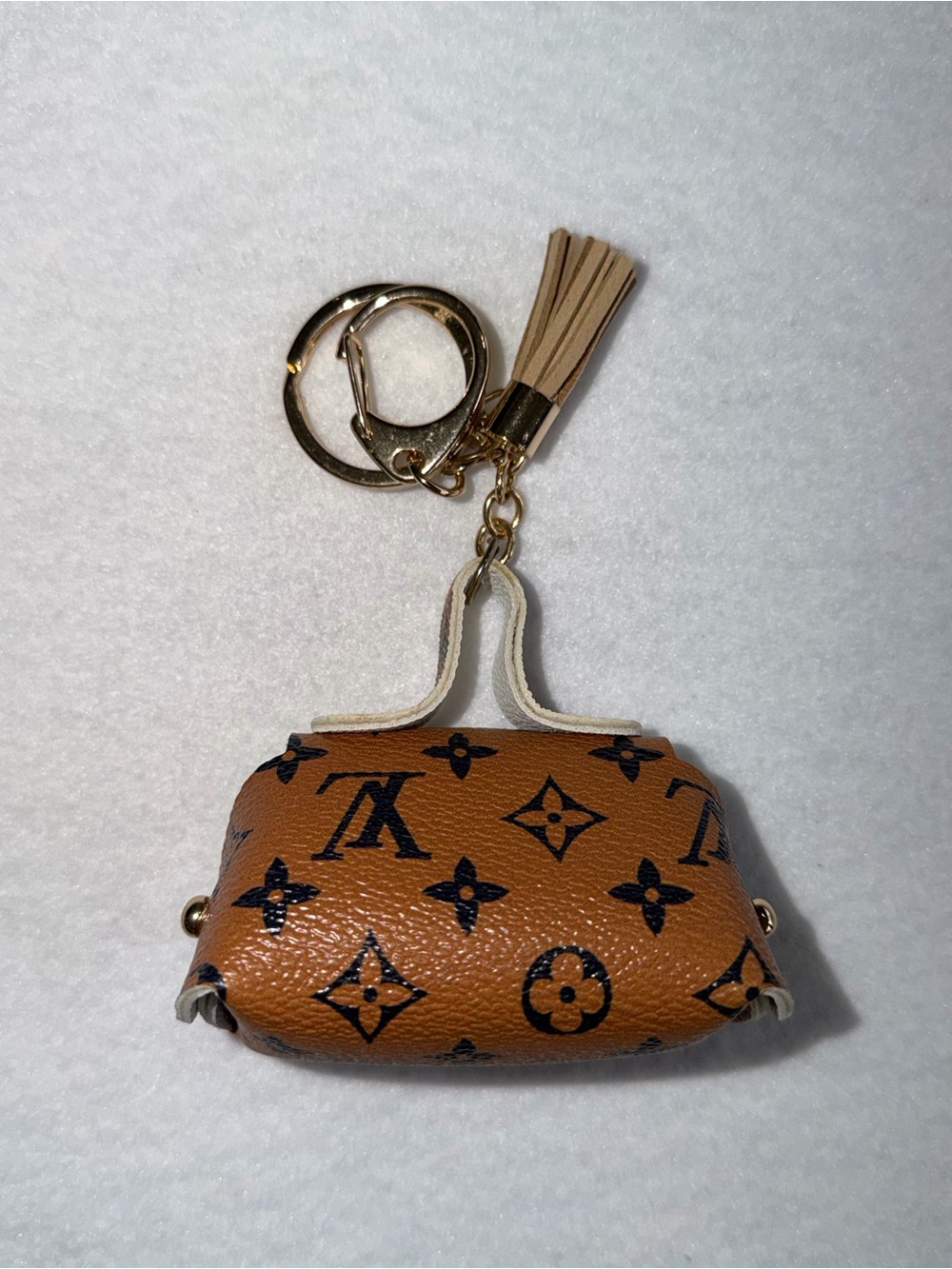 Luxury-Style Tan Monogram Mini Purse Keychain with Tassel - Picture 2 of 6